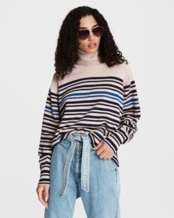 Rag & Bone Ann Striped Cotton Cashmere Turtleneck For Sale Oatmeal Multi