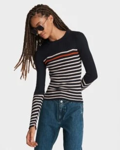 Rag & Bone Kate Stripe Cotton Cashmere Sweater For Sale Navy Multi