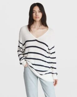 Rag & Bone Soleil Cotton Striped V-neck For Women White Multi