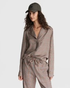 Rag & Bone Field Plaid Rayon Blouse For Sale Tan Multi