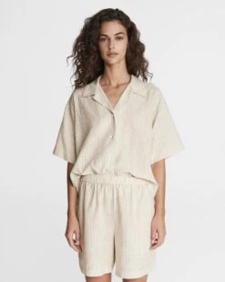 Rag & Bone Reed Stripe Linen Blend Shirt For Sale Beige Stripe