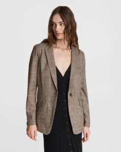 Rag & Bone Margot Wool Blend Check Blazer For Women Tan Multi