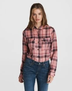 Rag & Bone Quinn Cotton Cropped Shirt For Women Navy Check