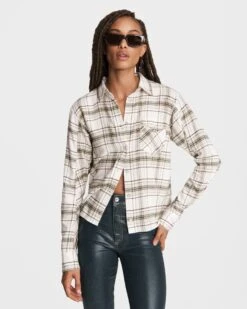 Rag & Bone Jonah Cotton Cropped Plaid Shirt For Sale Beige Multi