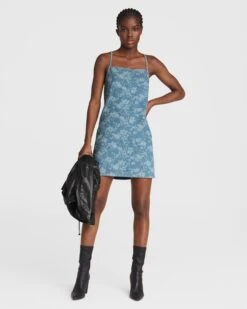 Rag & Bone Tie Mini Dress For Women Laser Floral Denim